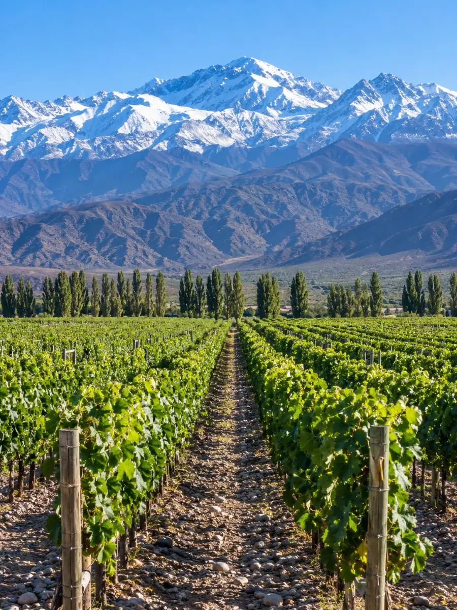 Rows of vines in a high Mendoza vineyard with the snow-capped Andes rising behind them